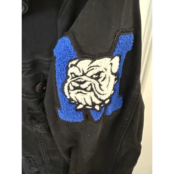 Makobi Premium Denim Jacket 2X Black Bulldog Patch Distressed Button-Up - Picture 5 of 11